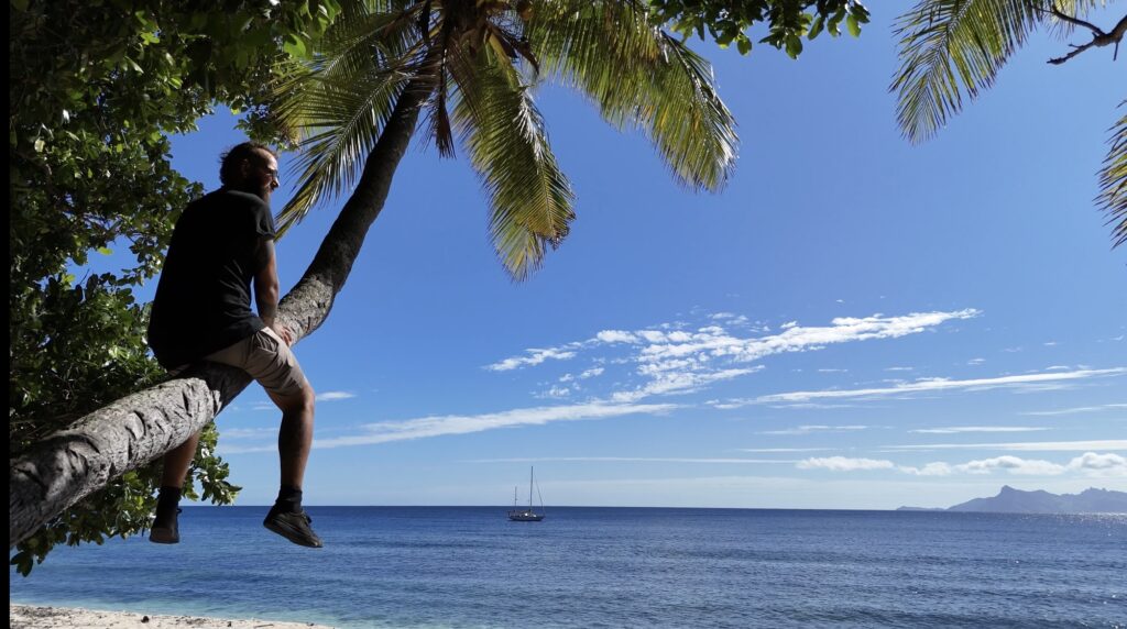 Tom auf einer Kokosnusspalme mit Blick auf unser Segelboot