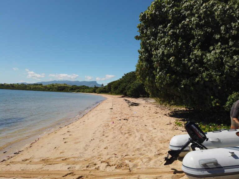 Dinghy mit kleinem Motor am Strand