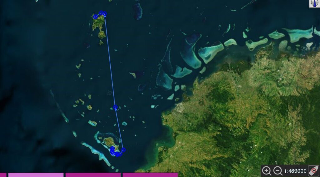 Sattelitenbild der Segel Route von Musket >Cove nach Waya